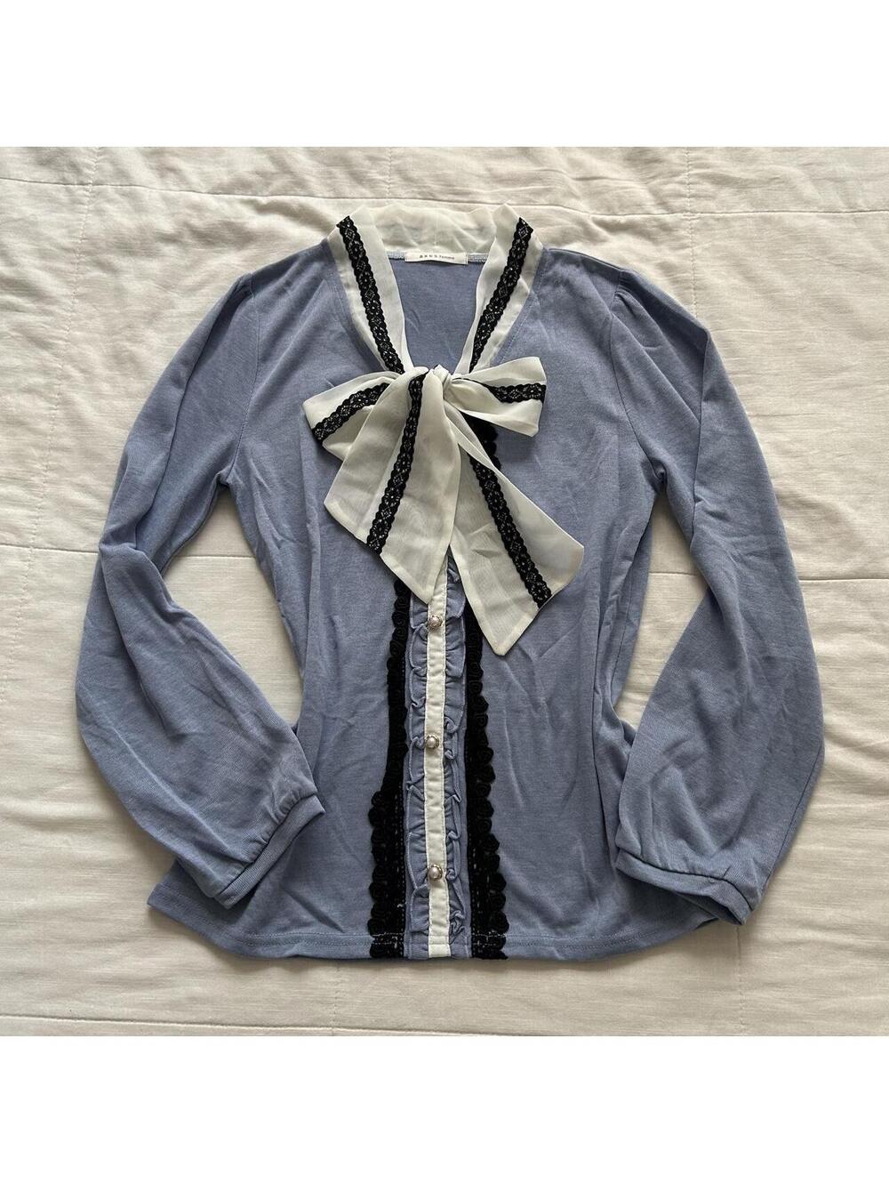 Axes Femme Dusty Blue Ivory Bow Lace Ruffle Pearl Button Blouse M Japan
